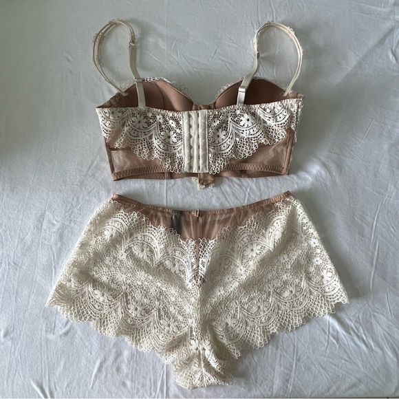 Sheer Nude White Lace Bustier Bra and Short Set - Picture 2 of 8